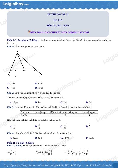 Đề thi học kì 2 Toán 6 - Đề số 5 - Kết nối tri thức